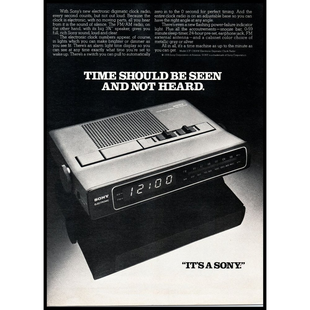 1978 Sony ICF-C800W Alarm Clock Radio Vintage Print Ad 70s Tech Japan Wall Art